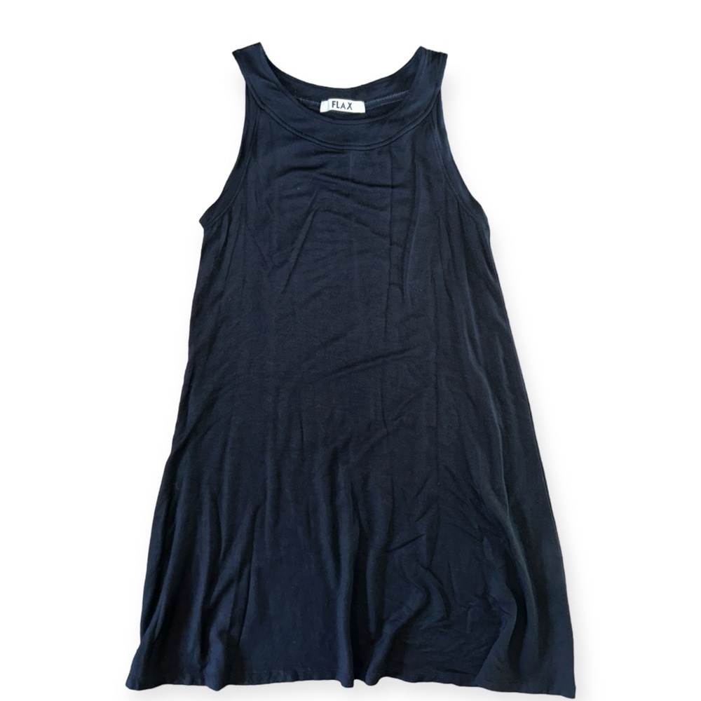 FLAX 95% Rayon black sleeveless midi dress. EUC